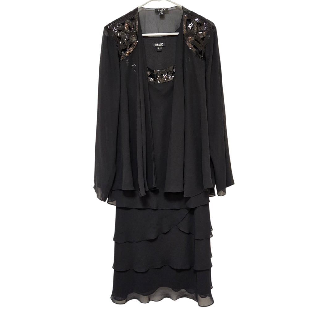 SLNY Womens 2 Piece Set Black Chiffon Sequin Beaded Dress With Shawl Size 14